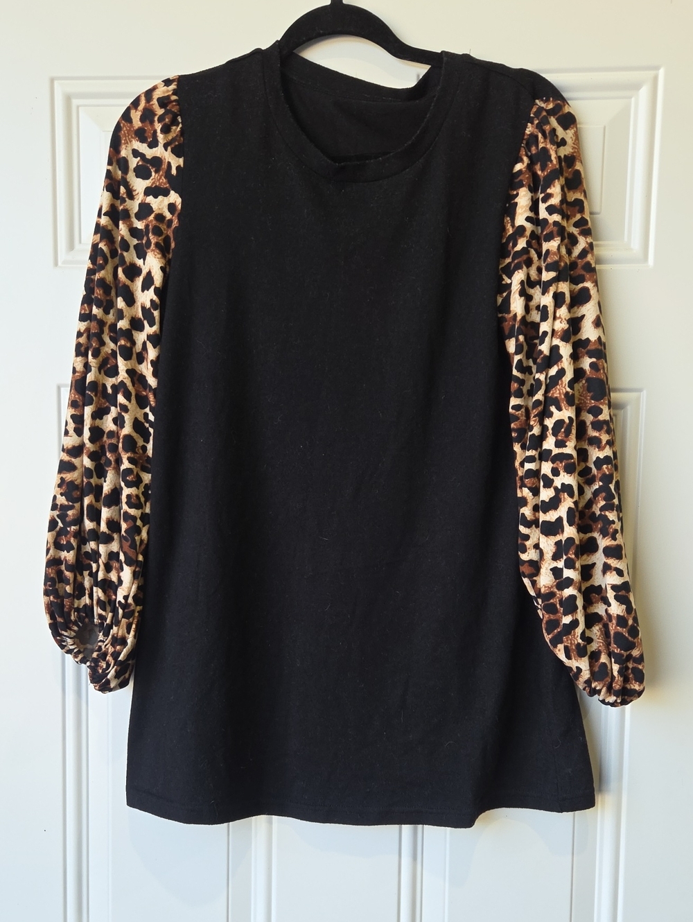 Black Dress with Leopard Print Puff Sleeves
